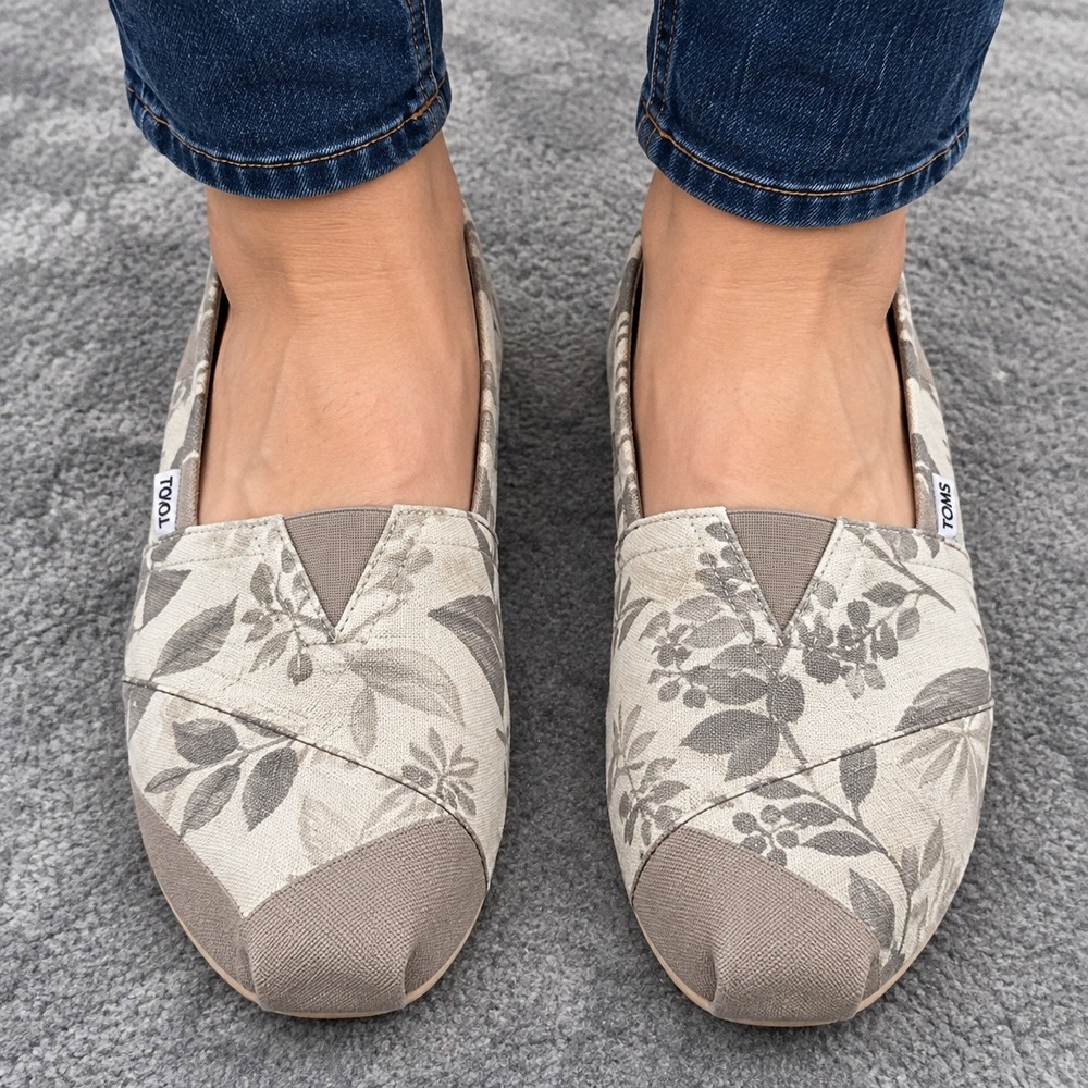 TOMS Alpargata Slip On Shoes Mens 12 Beige Floral Canvas Flat Loafers